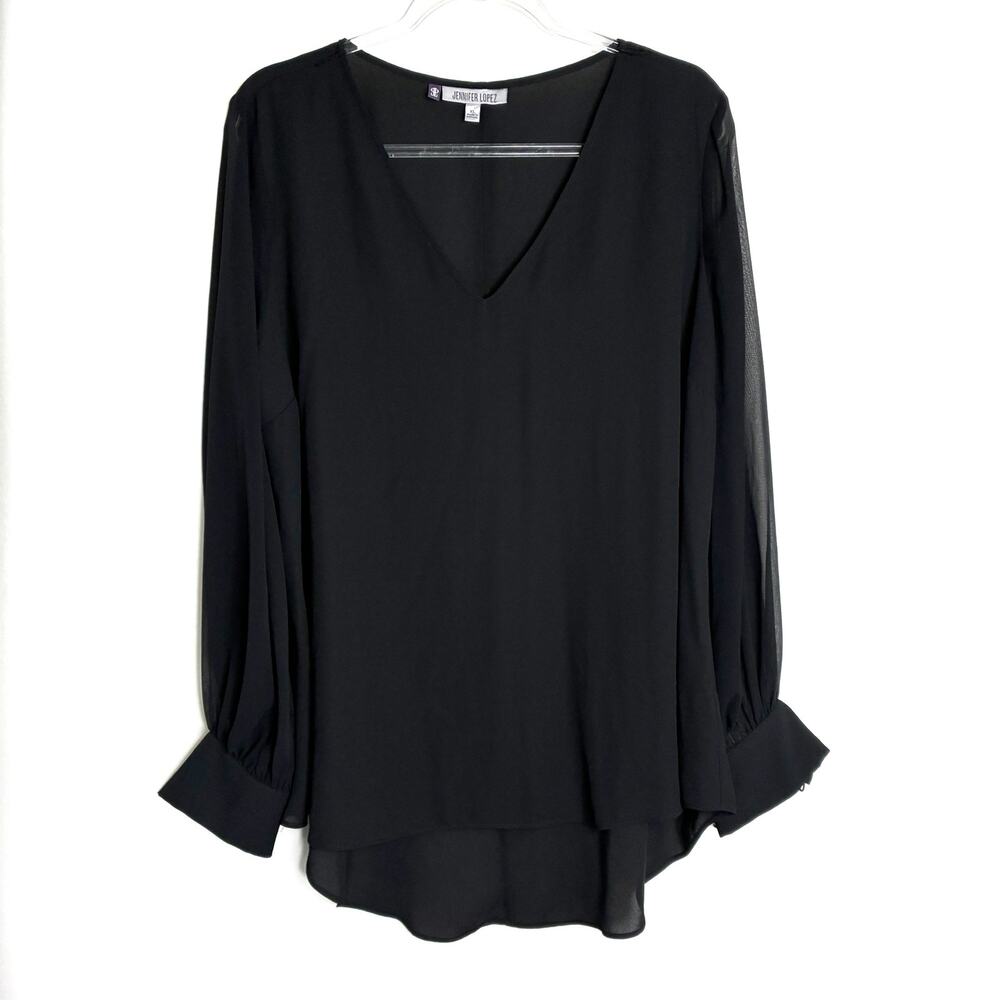 Jennifer Lopez Black 100% Polyester Long Sleeve V-Neck Blouse Womens X-Large
